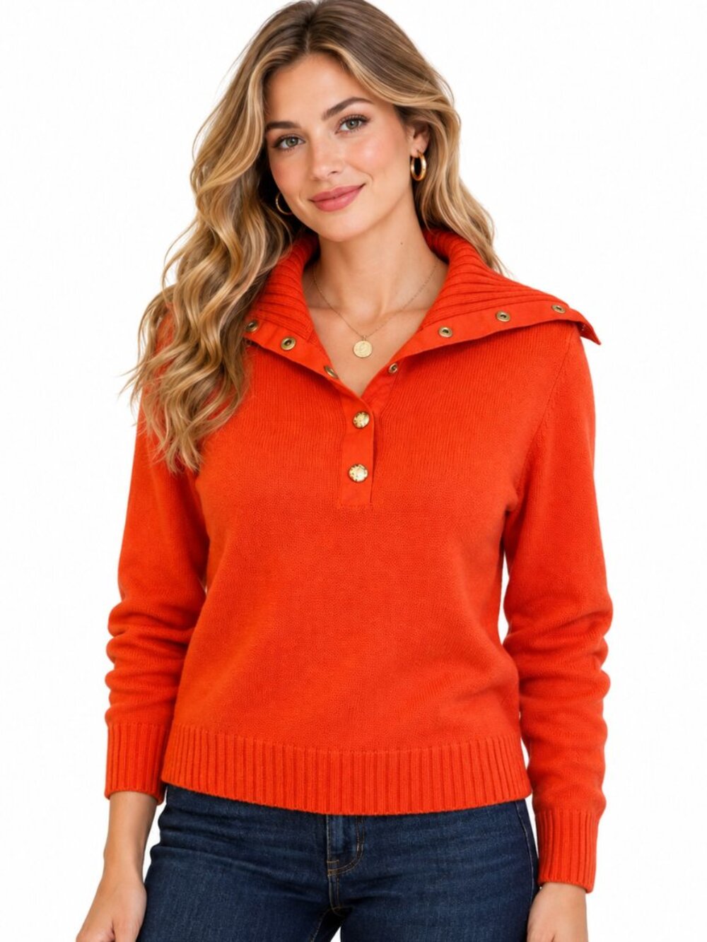 Lauren Ralph Lauren Vintage Sailor Collar Half Snap Sweater S Orange 100% Cotton